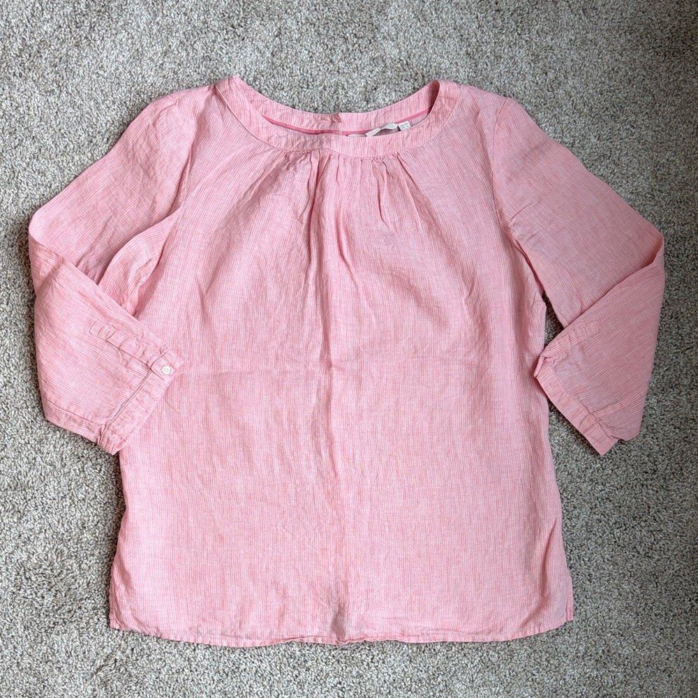 Boden Pink Linen Blend Peasant Blouse with Button Back